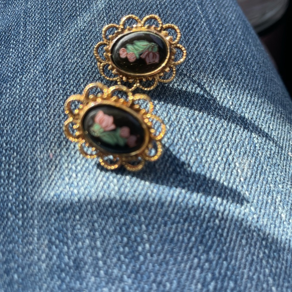 Gold Floral Black Oval Drop Earrings with Pink Rose Detail